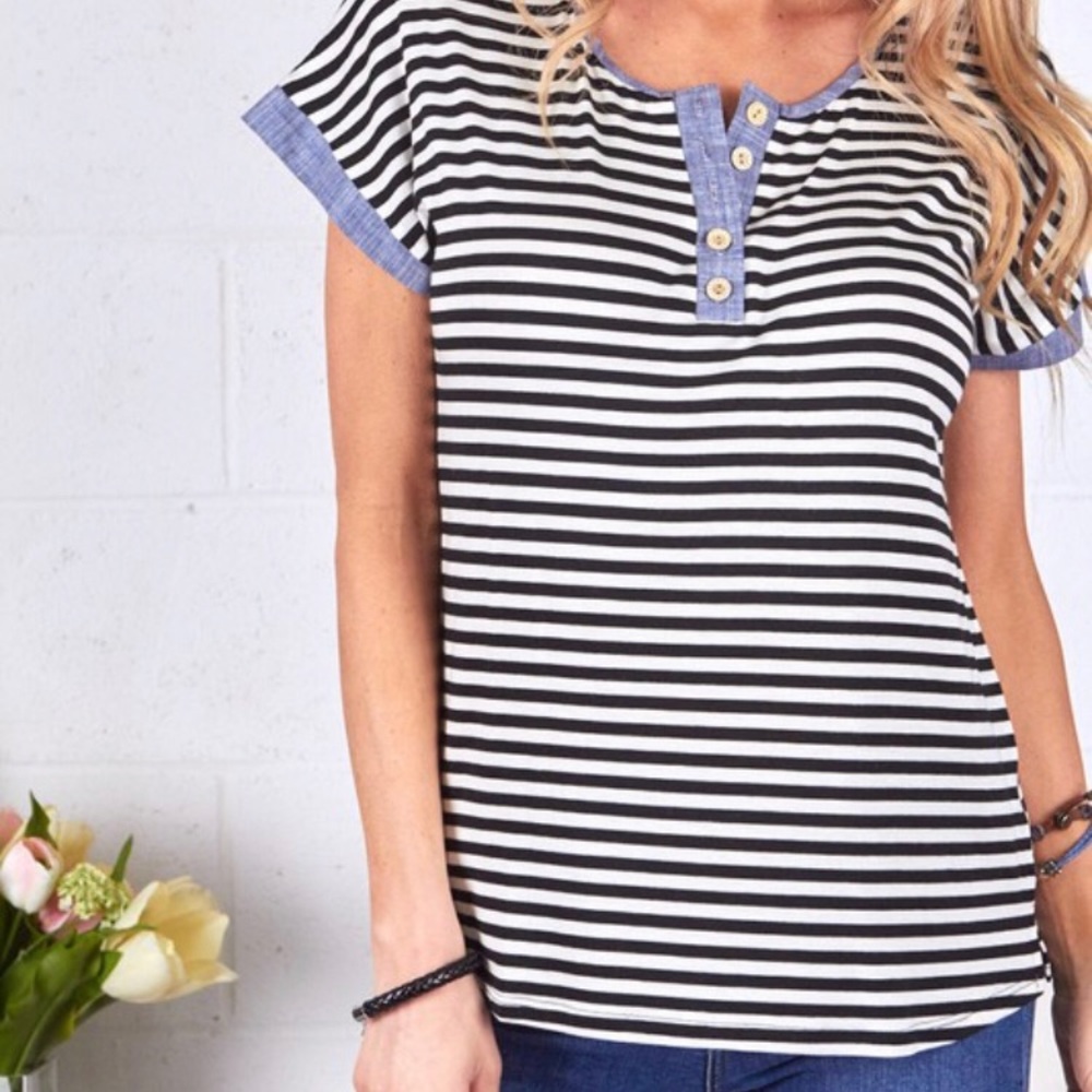 Black and white with chambray striped top